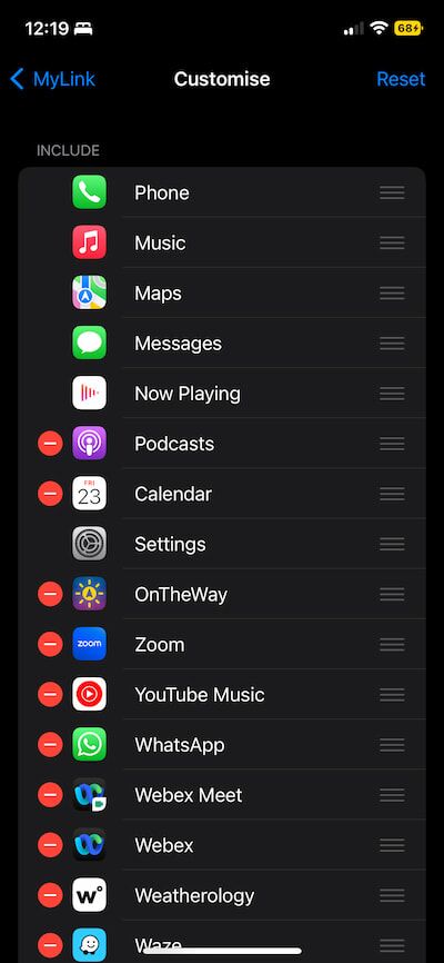 screenshot of adding carplay apps and customising positions